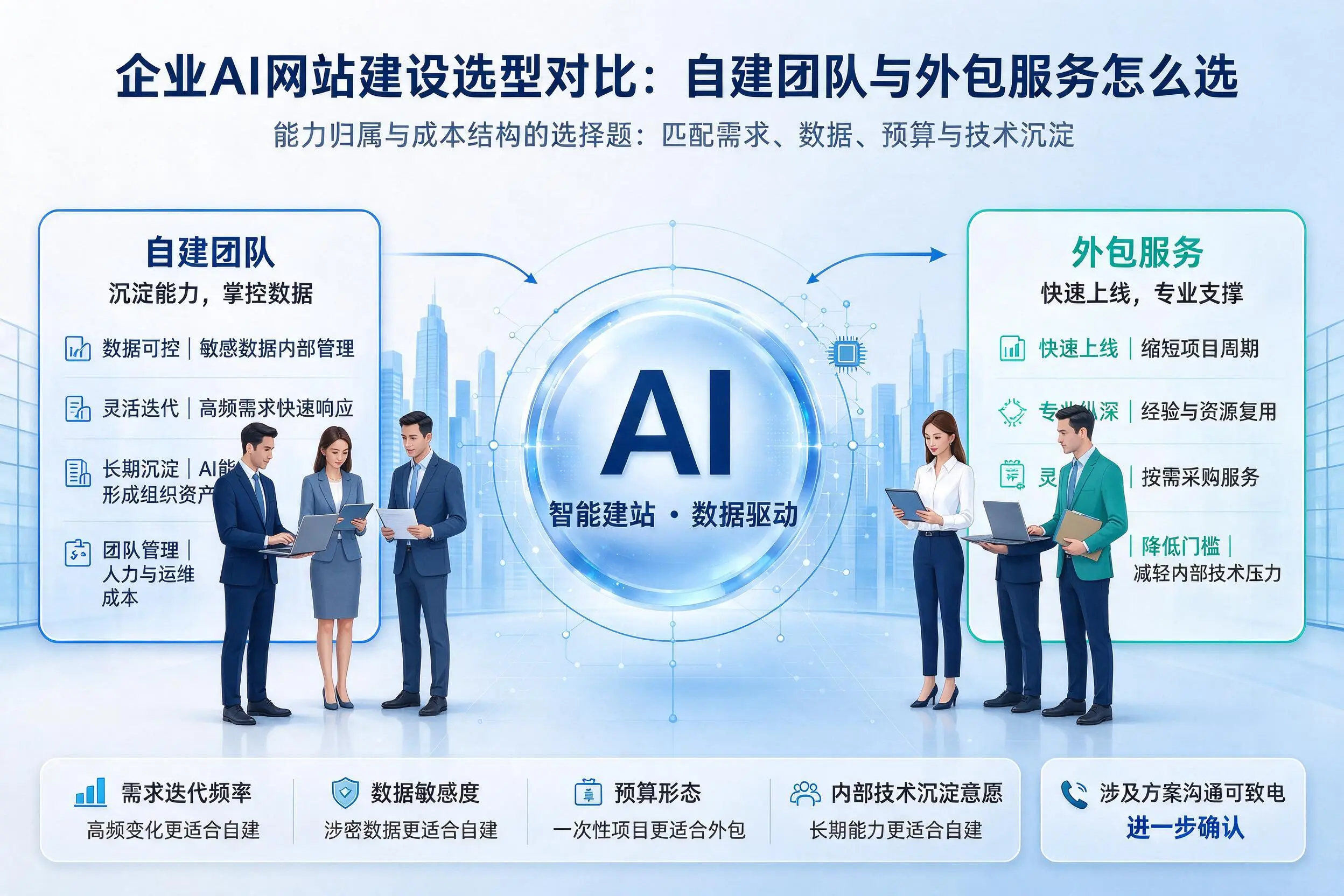 白杨企业AI网站建设选型对比:自建团队与外包服务怎么选